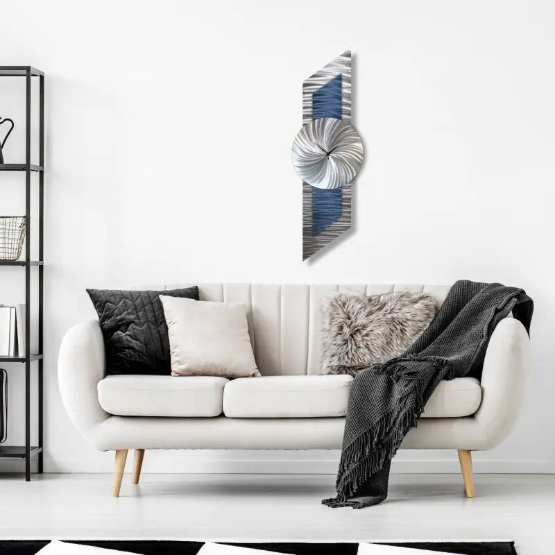 Navy Blue Oversized Metal Wall Clock - Modern Silver Abstract Sculpture for Elegant Home Decor - Modern Elements Metal Art - ME839S6