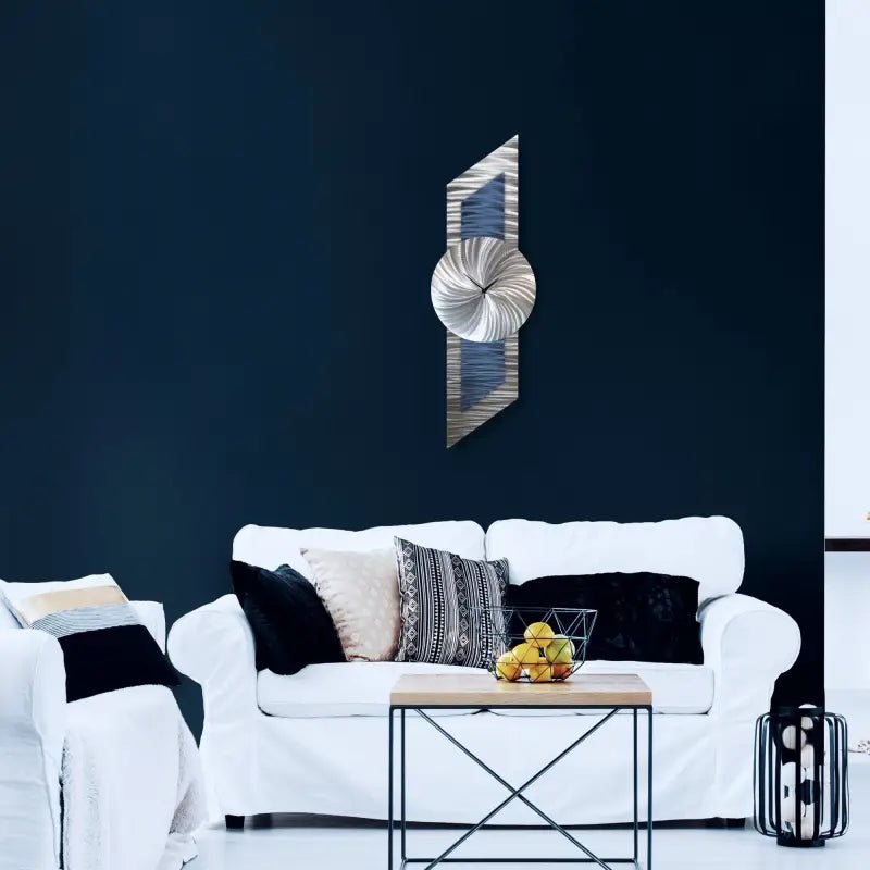 Navy Blue Oversized Metal Wall Clock - Modern Silver Abstract Sculpture for Elegant Home Decor - Modern Elements Metal Art - ME839S6