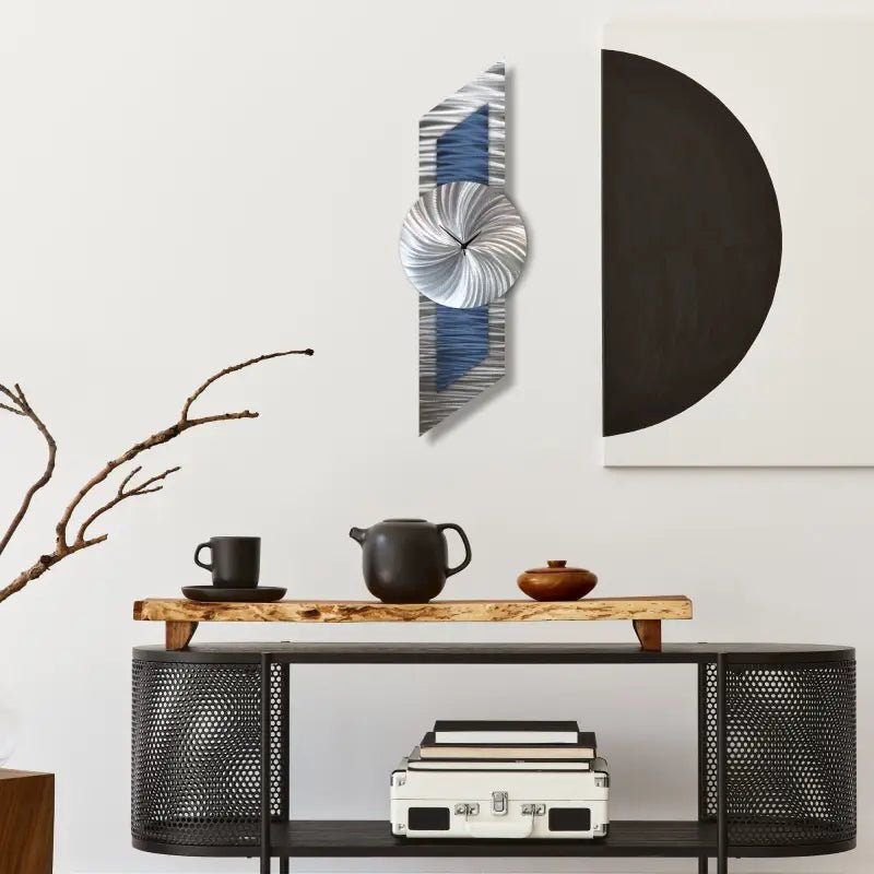 Navy Blue Oversized Metal Wall Clock - Modern Silver Abstract Sculpture for Elegant Home Decor - Modern Elements Metal Art - ME839S6