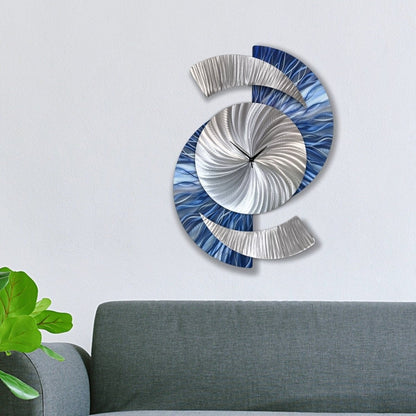 Navy Blue & Silver Metal Clock – Modern Wall Sculpture, Silent Quartz, Handmade 18x24" - Modern Elements Metal Art - ME564936S
