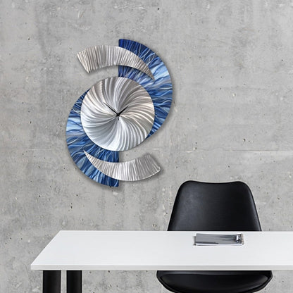 Navy Blue & Silver Metal Clock – Modern Wall Sculpture, Silent Quartz, Handmade 18x24" - Modern Elements Metal Art - ME564936S
