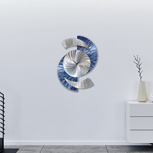 Navy Blue & Silver Metal Clock – Modern Wall Sculpture, Silent Quartz, Handmade 18x24" - Modern Elements Metal Art - ME564936S