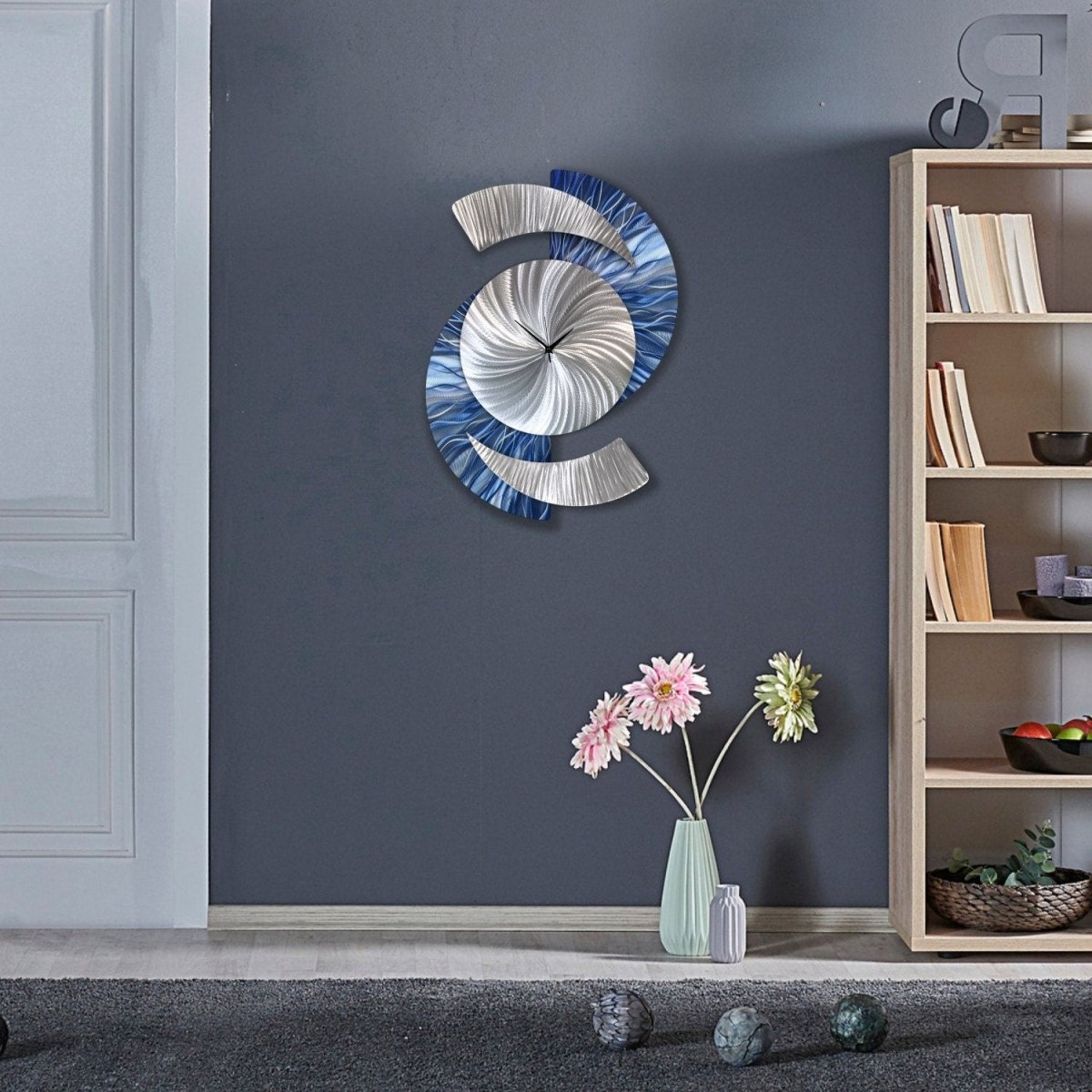 Navy Blue & Silver Metal Clock – Modern Wall Sculpture, Silent Quartz, Handmade 18x24" - Modern Elements Metal Art - ME564936S