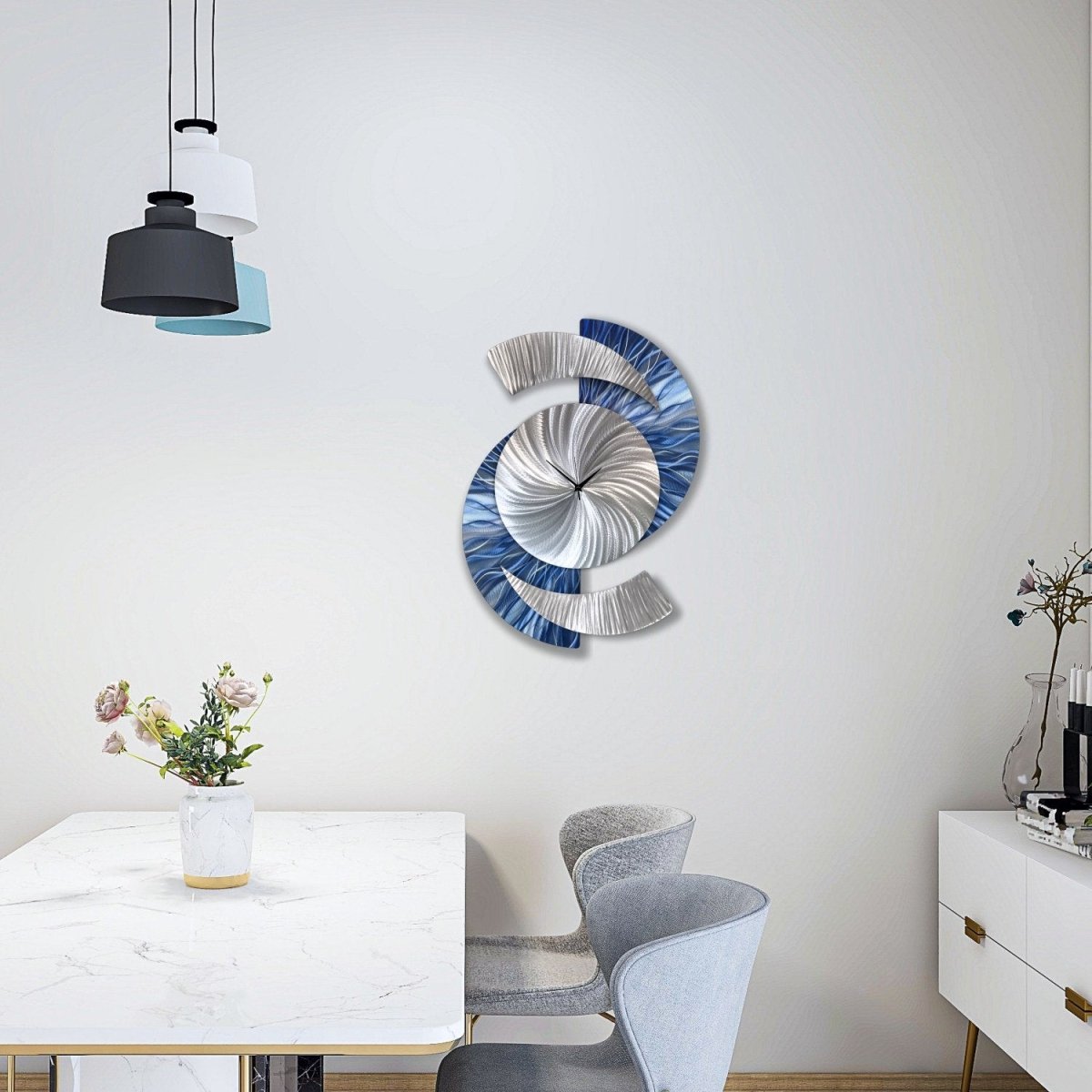 Navy Blue & Silver Metal Clock – Modern Wall Sculpture, Silent Quartz, Handmade 18x24" - Modern Elements Metal Art - ME564936S