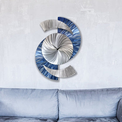 Navy Blue & Silver Metal Clock – Modern Wall Sculpture, Silent Quartz, Handmade 18x24" - Modern Elements Metal Art - ME564936S