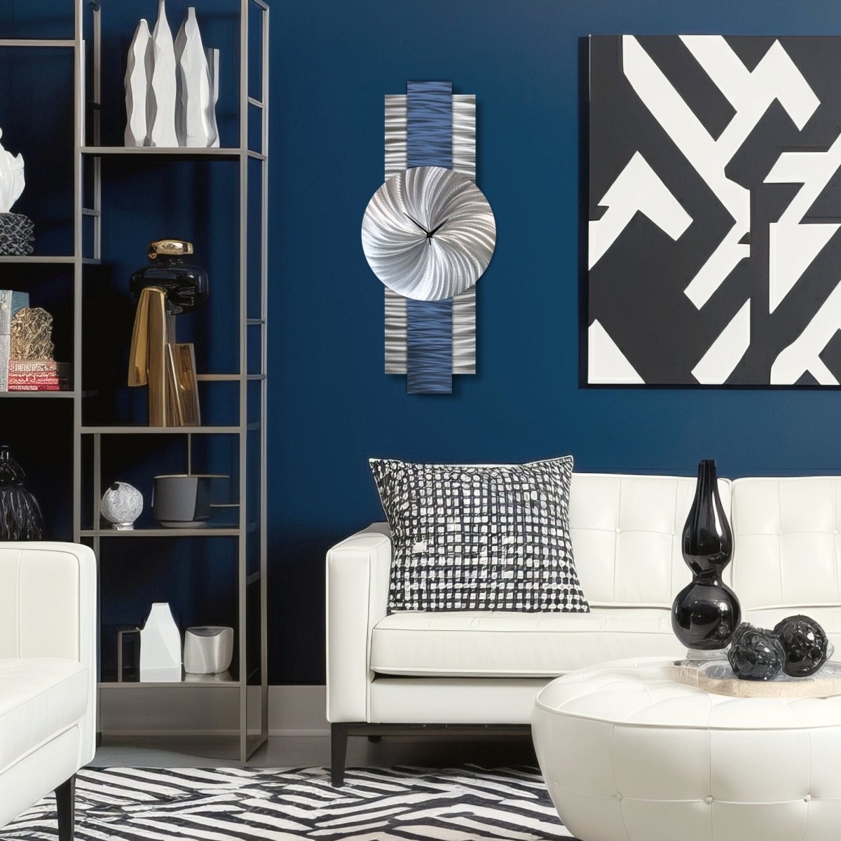 Navy Blue & Silver Wall Clock Modern Abstract Art Clock for Office & Home Decor - Modern Elements Metal Art - INV639965