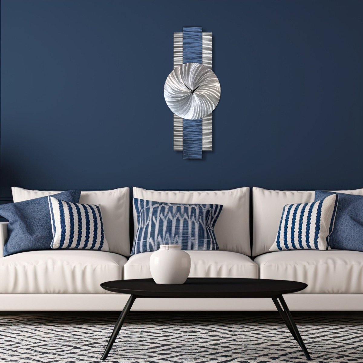 Navy Blue & Silver Wall Clock Modern Abstract Art Clock for Office & Home Decor - Modern Elements Metal Art - INV639965