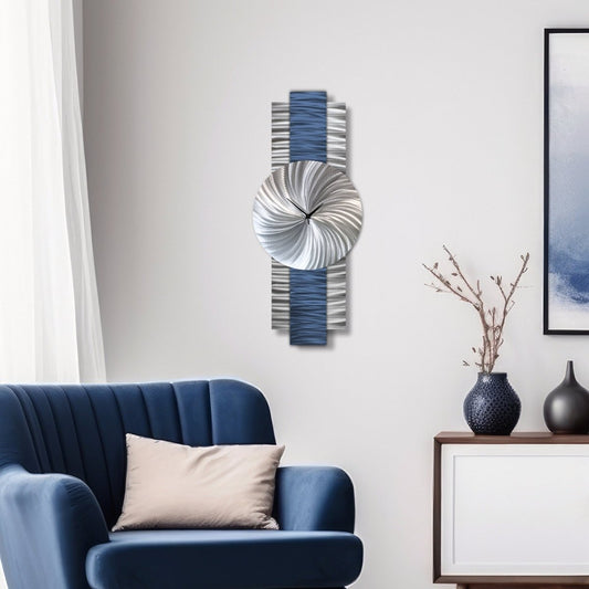 Navy Blue & Silver Wall Clock Modern Abstract Art Clock for Office & Home Decor - Modern Elements Metal Art - INV639965