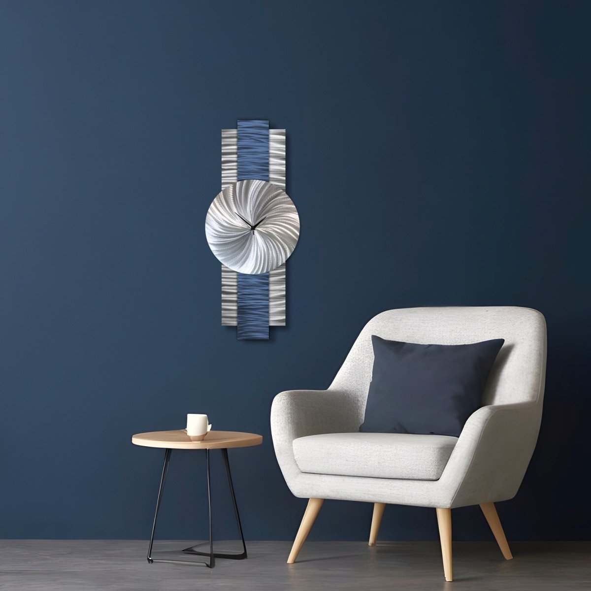 Navy Blue & Silver Wall Clock Modern Abstract Art Clock for Office & Home Decor - Modern Elements Metal Art - INV639965