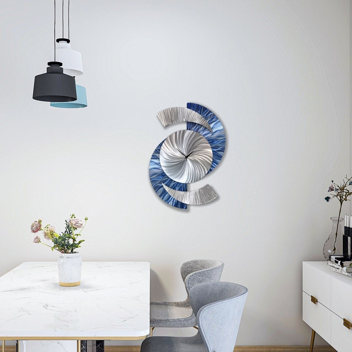 Navy Blue & Silver Wall Clock – Unusual Large Metal Clock – Modern Art - Modern Elements Metal Art - ME5649SX
