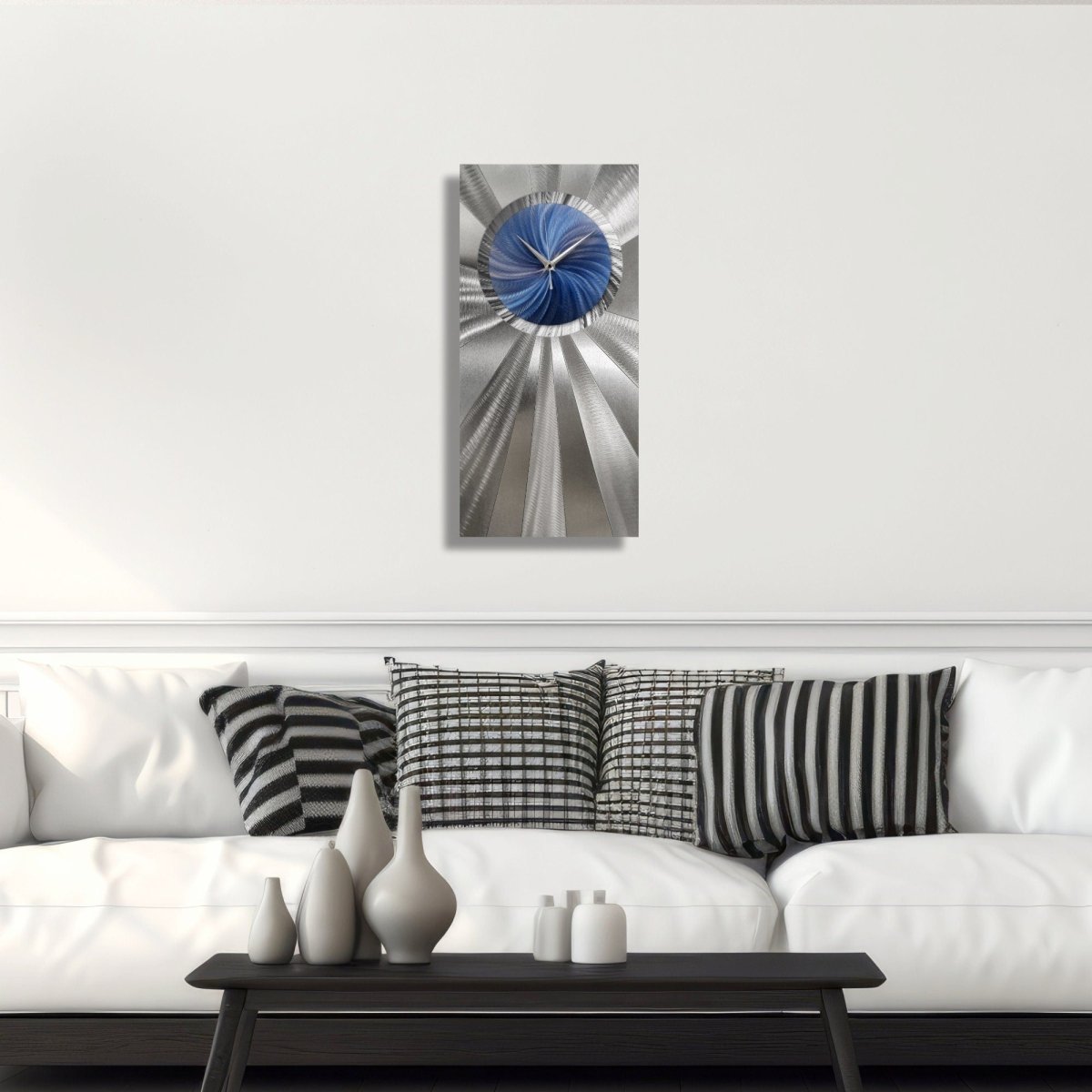 Navy Blue Wall Clock with Silver - Handmade Silent/Non - Ticking Wall Sculpture 12x24" - Modern Elements Metal Art - ME03799967