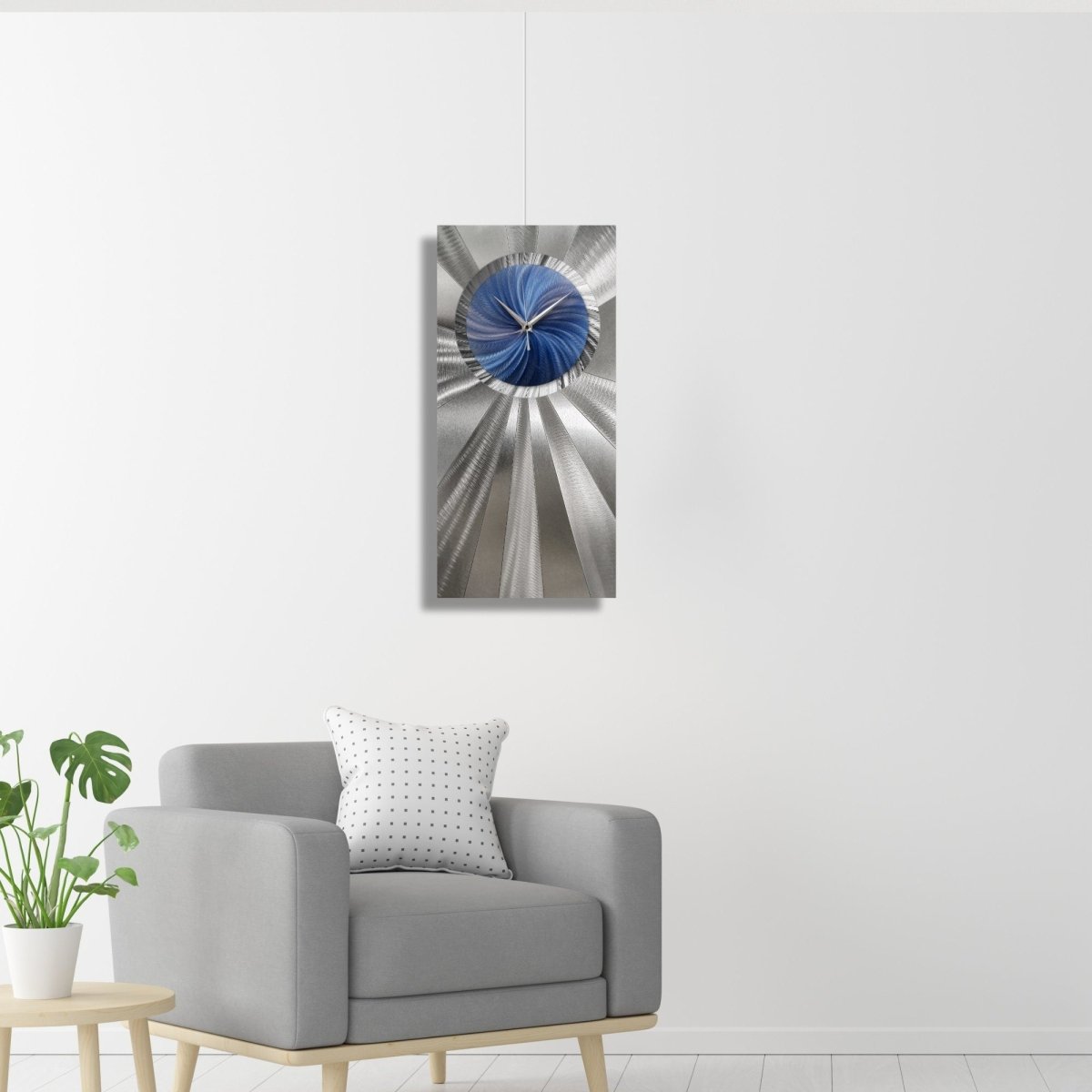 Navy Blue Wall Clock with Silver - Handmade Silent/Non - Ticking Wall Sculpture 12x24" - Modern Elements Metal Art - ME03799967