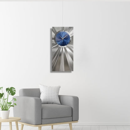 Navy Blue Wall Clock with Silver - Handmade Silent/Non - Ticking Wall Sculpture 12x24" - Modern Elements Metal Art - ME03799967