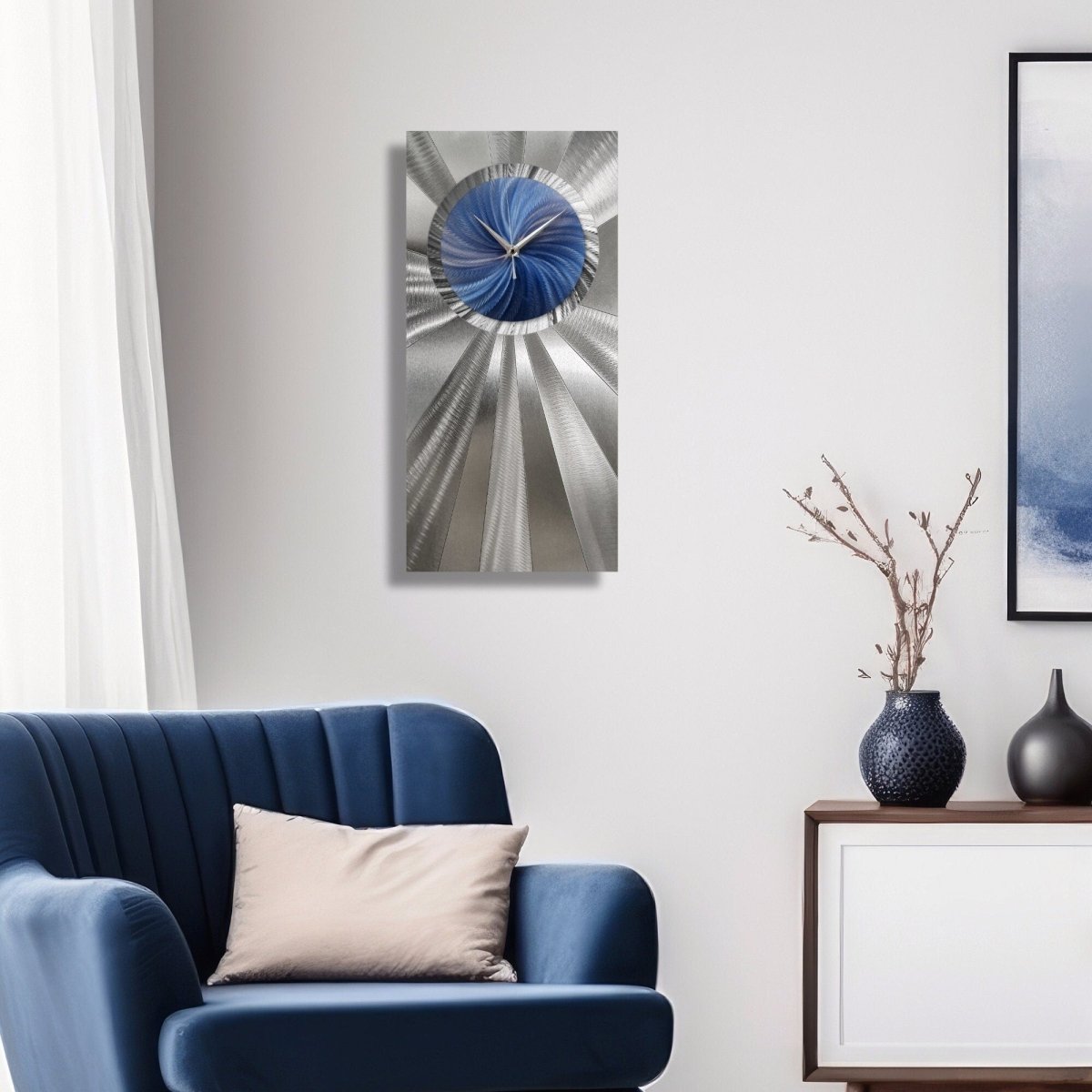 Navy Blue Wall Clock with Silver - Handmade Silent/Non - Ticking Wall Sculpture 12x24" - Modern Elements Metal Art - ME03799967