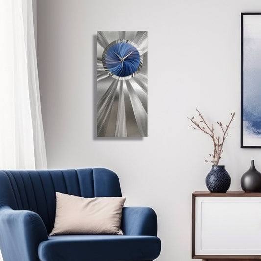 Navy Blue Wall Clock with Silver - Handmade Silent/Non - Ticking Wall Sculpture 12x24" - Modern Elements Metal Art - ME03799967