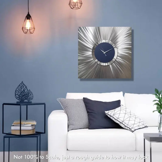 Navy Blue Wall Decor Large Modern Clock Metal Art Silver Elements