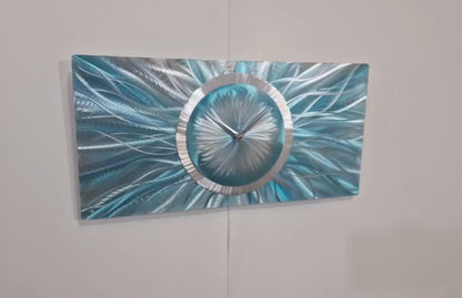 Unique Large Turquoise Clock – 24x12" Modern Blue Wall Sculpture & Metallic Art Decor