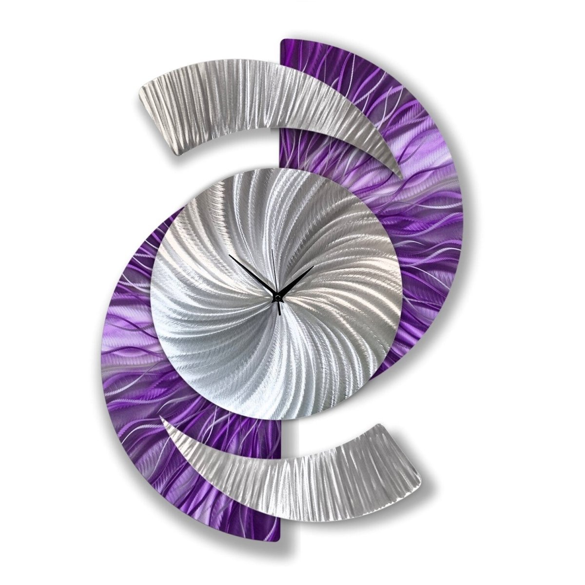 Purple Abstract Wall Clock - Silver Sculpture, Silent Quartz Modern Decor for Home - Modern Elements Metal Art - INV36382S