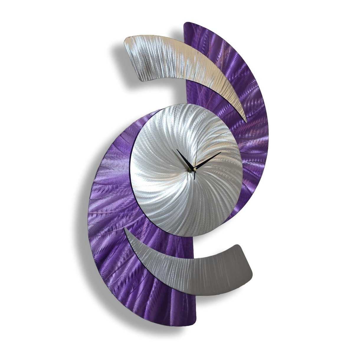 Purple Abstract Wall Clock - Silver Sculpture, Silent Quartz Modern Decor for Home - Modern Elements Metal Art - INV36382S