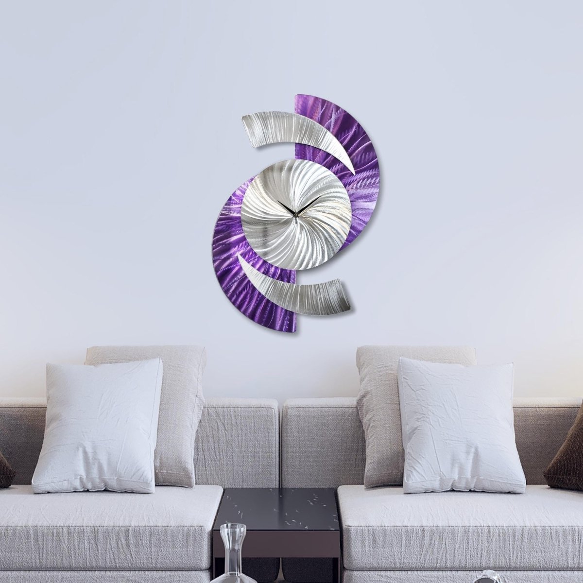 Purple Abstract Wall Clock - Silver Sculpture, Silent Quartz Modern Decor for Home - Modern Elements Metal Art - INV36382S