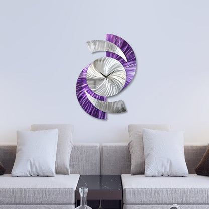 Purple Abstract Wall Clock - Silver Sculpture, Silent Quartz Modern Decor for Home - Modern Elements Metal Art - INV36382S