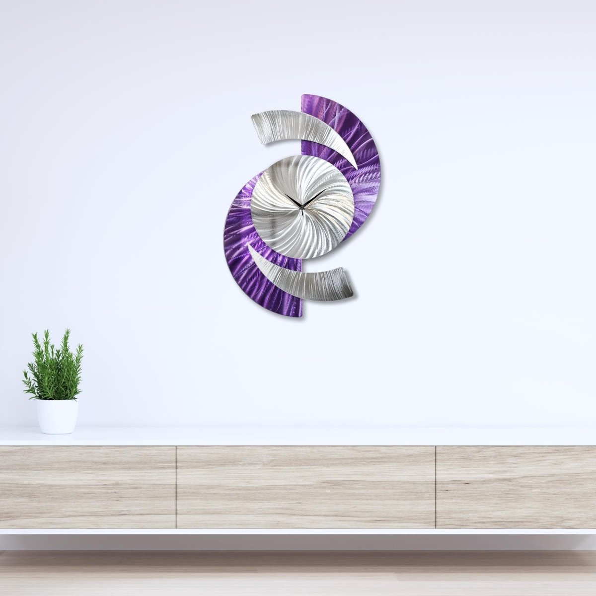 Purple Abstract Wall Clock - Silver Sculpture, Silent Quartz Modern Decor for Home - Modern Elements Metal Art - INV36382S