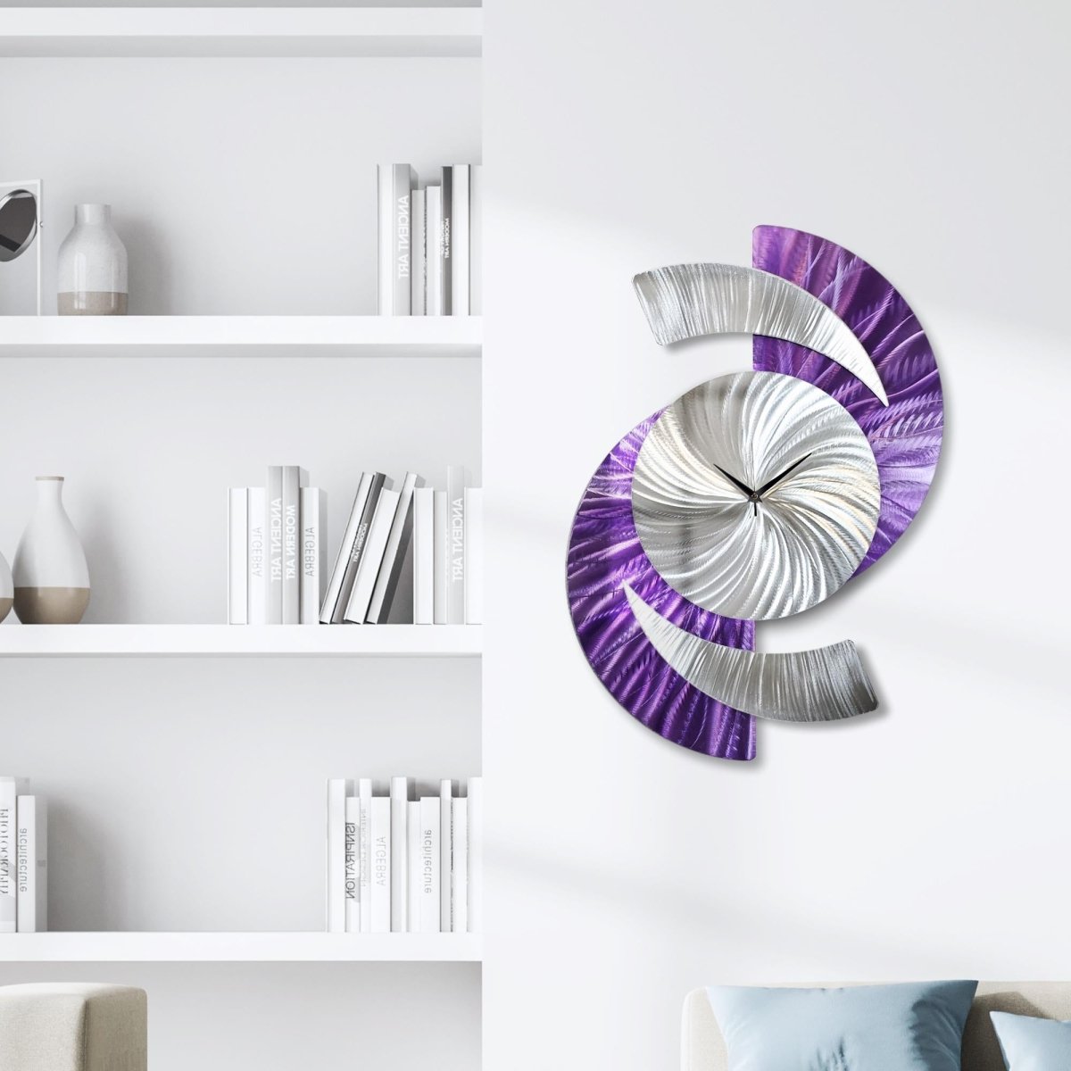 Purple Abstract Wall Clock - Silver Sculpture, Silent Quartz Modern Decor for Home - Modern Elements Metal Art - INV36382S