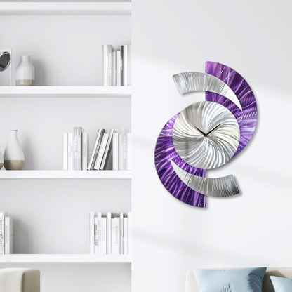 Purple Abstract Wall Clock - Silver Sculpture, Silent Quartz Modern Decor for Home - Modern Elements Metal Art - INV36382S