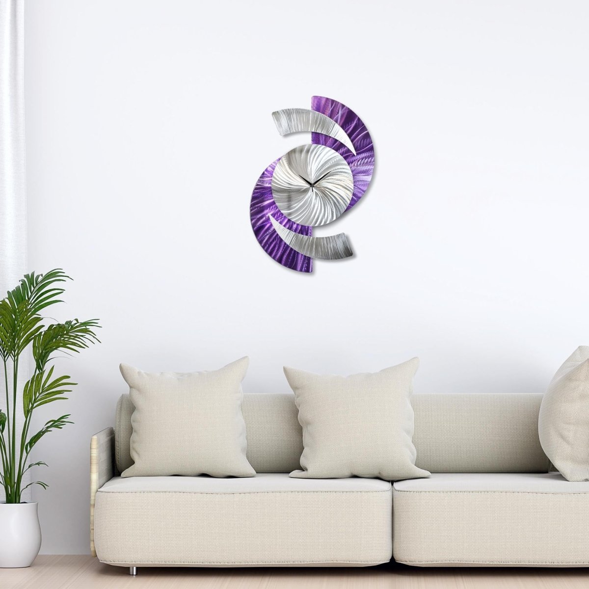 Purple Abstract Wall Clock - Silver Sculpture, Silent Quartz Modern Decor for Home - Modern Elements Metal Art - INV36382S