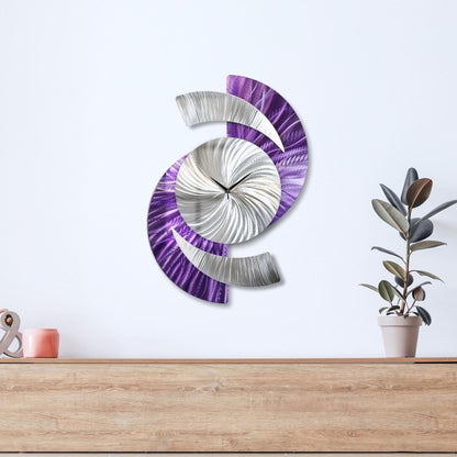 Purple Abstract Wall Clock - Silver Sculpture, Silent Quartz Modern Decor for Home - Modern Elements Metal Art - INV36382S