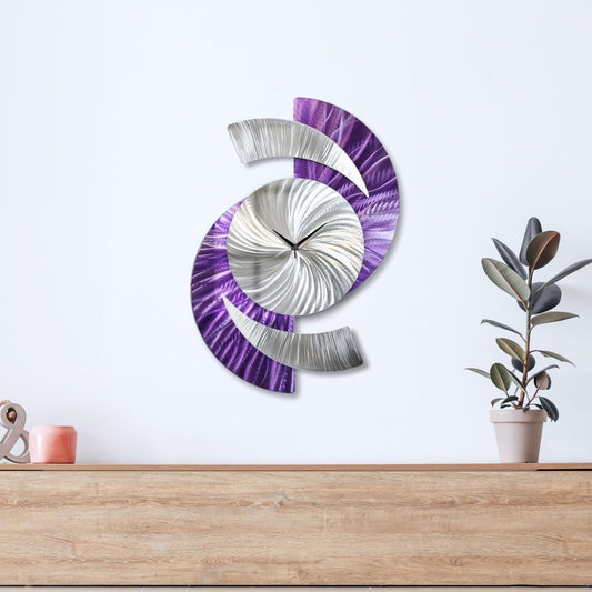 Purple Abstract Wall Clock - Silver Sculpture, Silent Quartz Modern Decor for Home - Modern Elements Metal Art - INV36382S