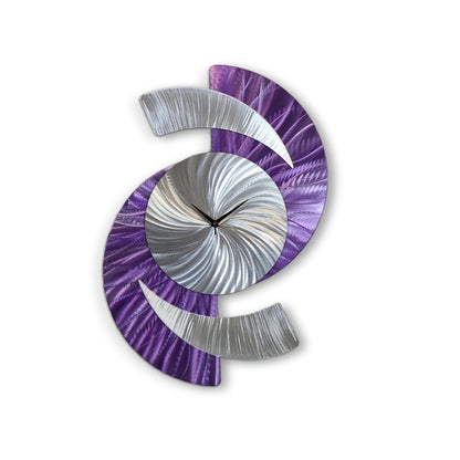 Purple Abstract Wall Clock - Silver Sculpture, Silent Quartz Modern Decor for Home - Modern Elements Metal Art - INV36382S