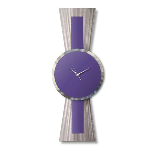 a purple clock with a silver frame and a white face