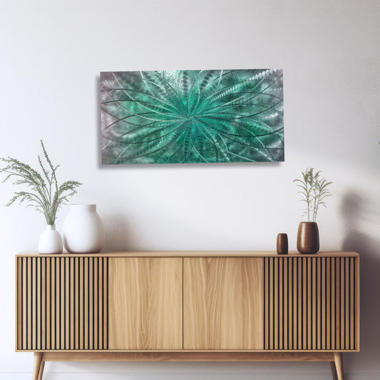 Teal Metal Wall Art Infused Cushed Glass - Titled "Atomique" Limited Edition