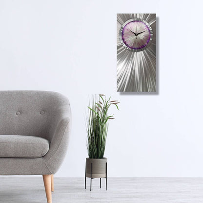 Silver Flower Art Modern Wall Clock - Metal, Silent, Handmade - 12x24" - Modern Elements Metal Art - ME3729LX