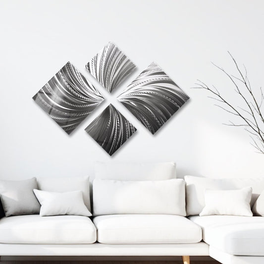 Silver Metal Wall Art – 4 - Piece Modern Sculpture – Abstract Gallery Decor for Living Room - Modern Elements Metal Art - ME728390647