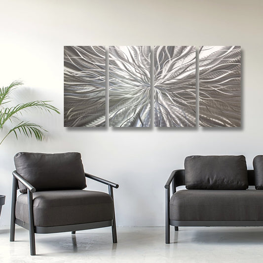 Silver Metal Wall Art Sculpture – Modern Metallic Decor – Gallery Art Set & Statement - Modern Elements Metal Art - ME748949