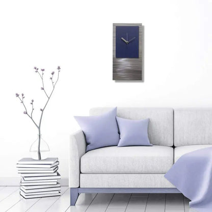Silver & Navy Blue Wall Clock Titled "Ariel - Modern Elements Metal Art - HA7628KH