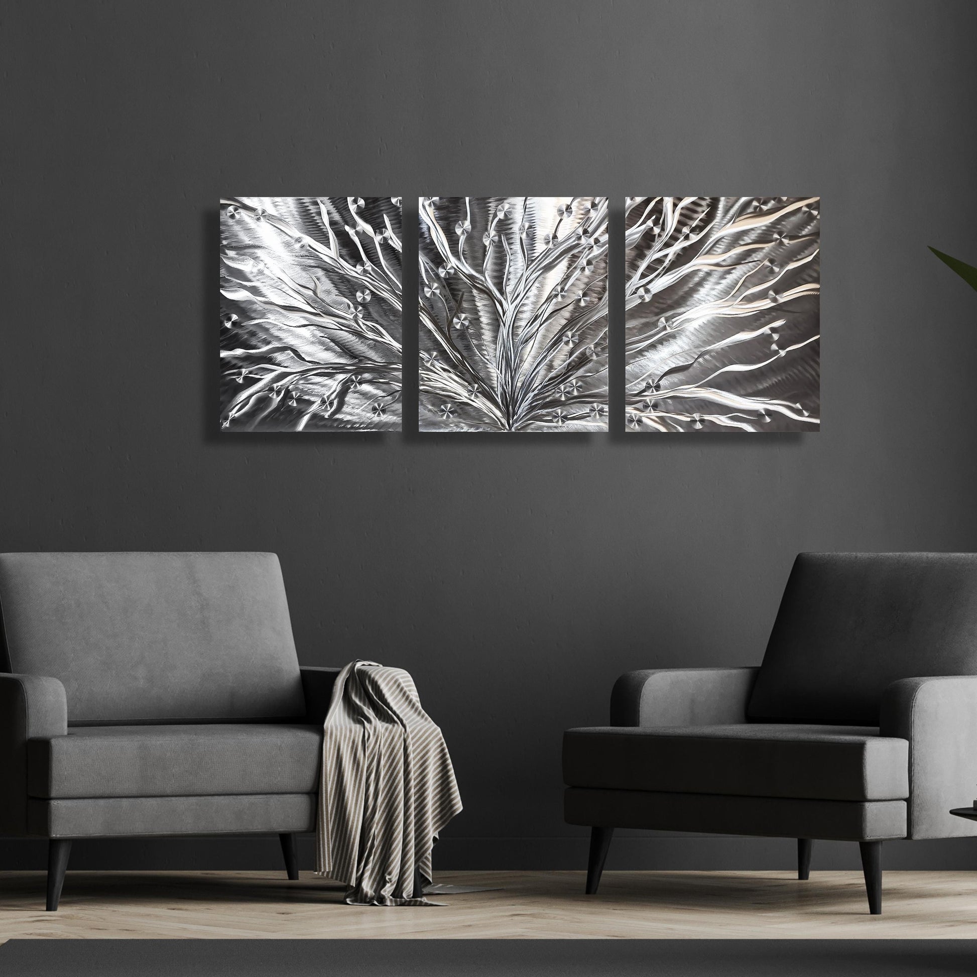 Silver Tree Metal Wall Art Titled Tree of Light - Modern Elements Metal Art - ME96782SX