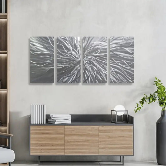 Silver Wall Art Decor Titled "Radiation" Set of 4 - Modern Elements Metal Art - INV53783