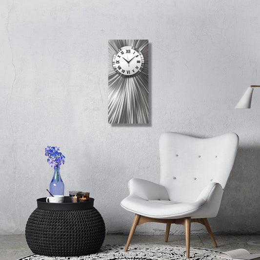 Silver & White Large Metal Wall Clock – Unique Rectangular Sculpture & Modern Home Art Gift - Modern Elements Metal Art - ME0845262