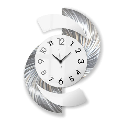 Silver & White Wall Clock - Luxury Abstract Art, Metal Wall Sculpture, Silent Quartz - 18x24" - Modern Elements Metal Art - INV36387272