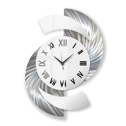 Silver & White Wall Clock - Luxury Abstract Art, Metal Wall Sculpture, Silent Quartz - 18x24" - Modern Elements Metal Art - INV36387272
