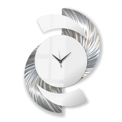 Silver & White Wall Clock - Luxury Abstract Art, Metal Wall Sculpture, Silent Quartz - 18x24" - Modern Elements Metal Art - INV36387272