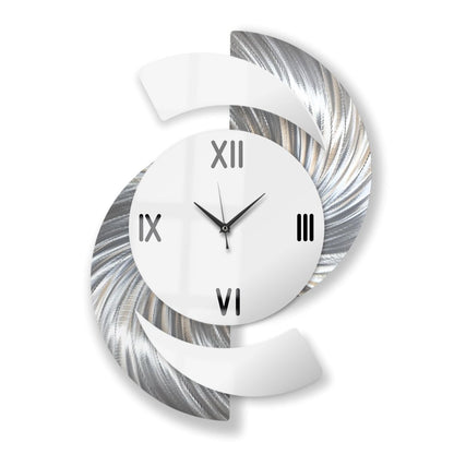 Silver & White Wall Clock - Luxury Abstract Art, Metal Wall Sculpture, Silent Quartz - 18x24" - Modern Elements Metal Art - INV36387272