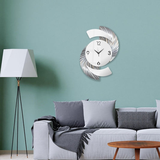 Silver & White Wall Clock - Luxury Abstract Art, Metal Wall Sculpture, Silent Quartz - 18x24" - Modern Elements Metal Art - INV36387272