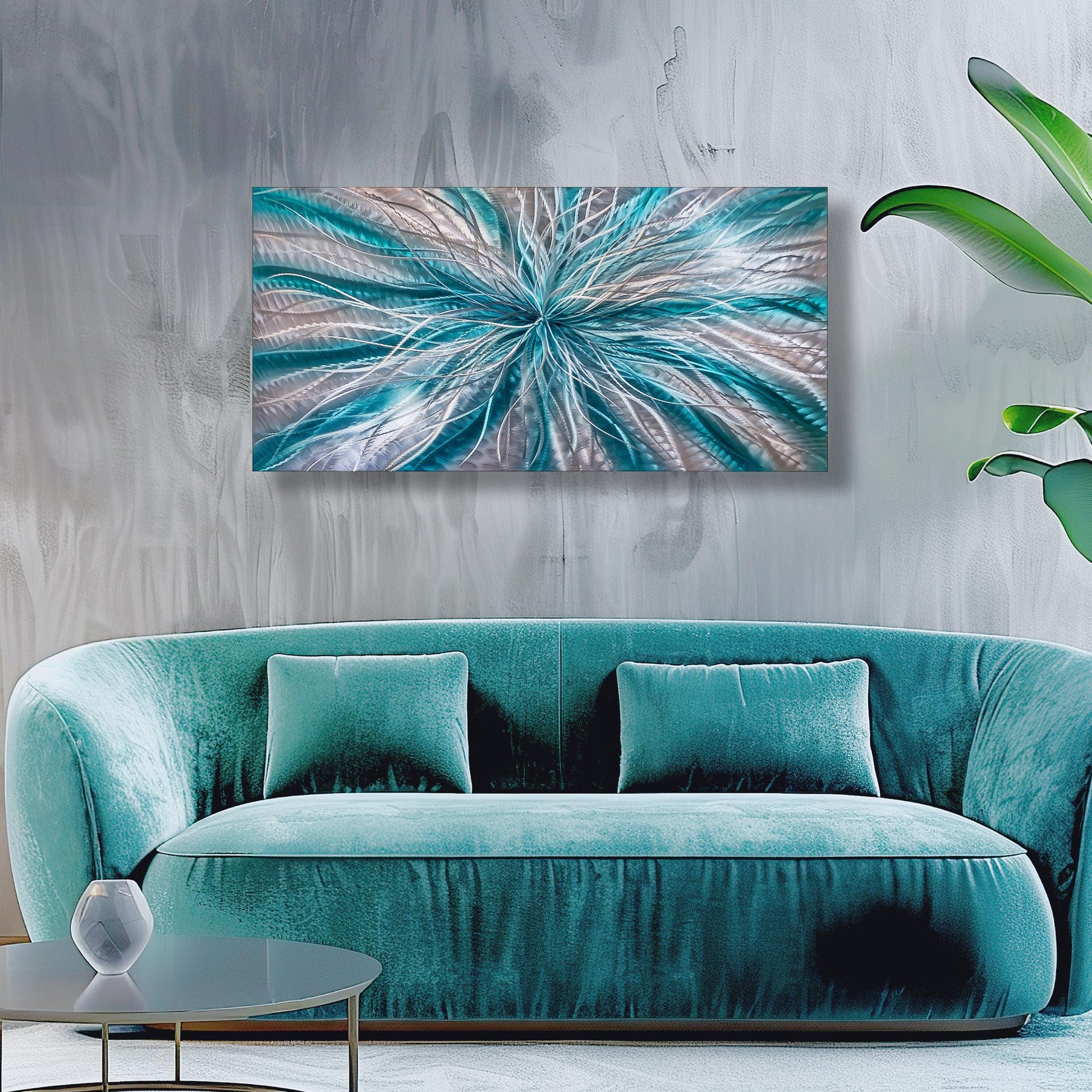 Teal and Silver Abstract Metal Wall Art Titled Radiation - Modern Elements Metal Art - ME72820617
