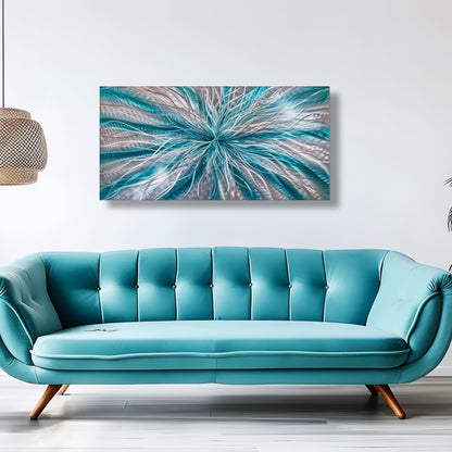 Teal and Silver Abstract Metal Wall Art Titled Radiation - Modern Elements Metal Art - ME72820617