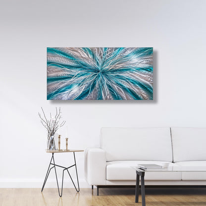 Teal and Silver Abstract Metal Wall Art Titled Radiation - Modern Elements Metal Art - ME72820617
