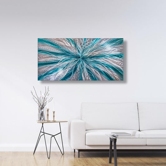 Teal and Silver Abstract Metal Wall Art Titled Radiation - Modern Elements Metal Art - ME72820617